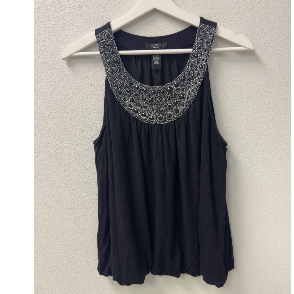 Alfani Embellished Tank Top Women Petite Medium Black Bubble Hem Bead Y2K